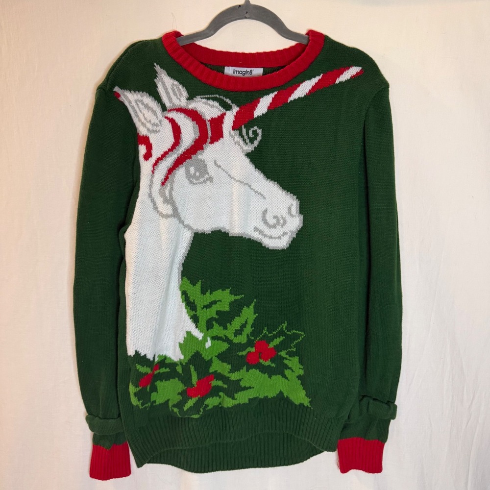 Imagin8 "Ugly Christmas" Unicorn Sweater Green Large Holiday